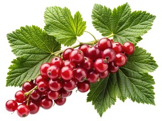 Fototapeta premium A Bunch of Ripe Red Currants with Lush Green Leaves Isolated on White Background