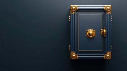 A steel safe with golden details stands on the right side of an empty dark blue background
