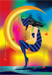 composition with woman in hat and moon