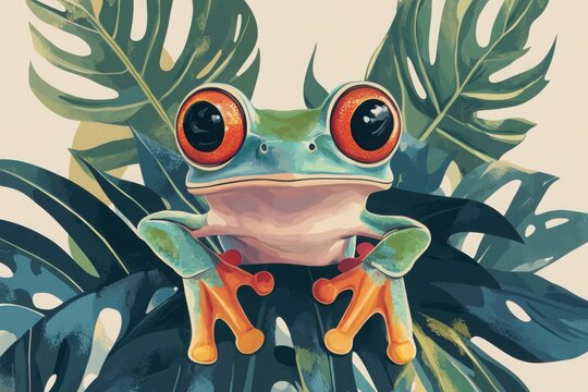 Cute green tree frog with red eyes on monstera leaves