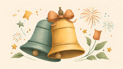 Teal and Gold Bells with Fireworks and Flowers
