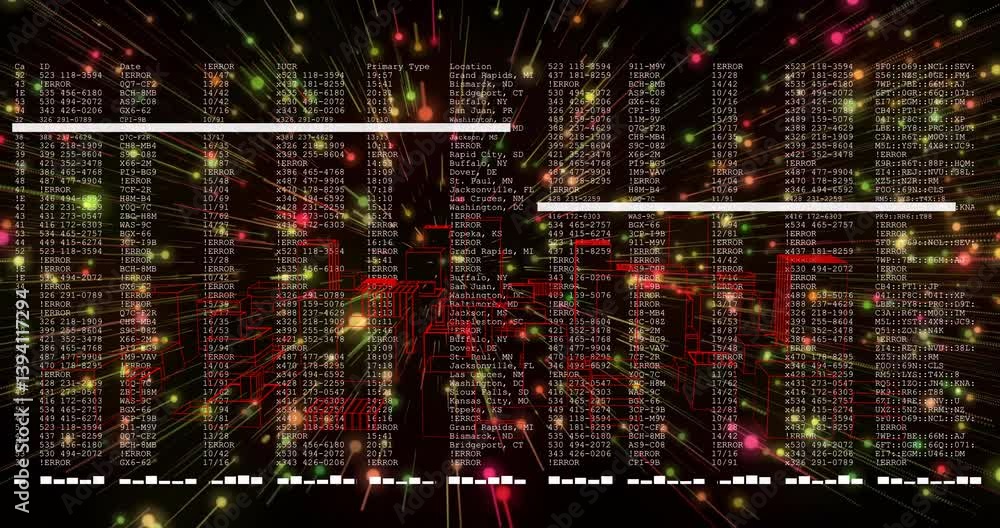 Poster digital data streams and coding animation with colorful lights and numbers