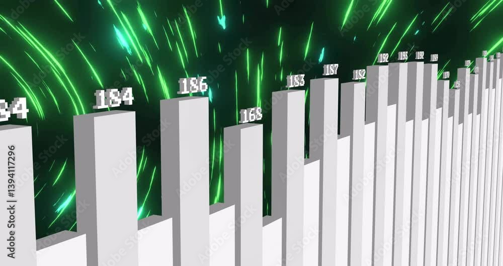 Aufkleber rising bar graph with numbers over green abstract light streaks animation