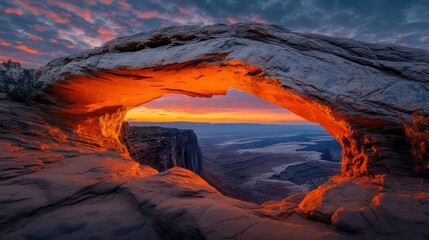 Fototapeta premium A stunning natural rock arch glowing with deep orange and crimson hues under the twilight sky, the surrounding desert landscape
