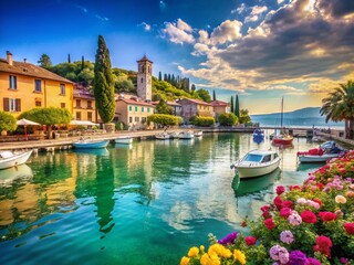 Fototapeta premium Serene Lakeside Vista in Lazise Italy A Summer Daydream of Italian Charm