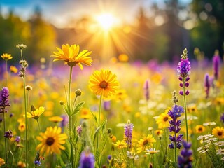 Fototapeta premium A Sunny Spring Meadow Explodes with Vibrant Yellow and Purple Wildflowers A Delicate Dance of Color in Natures
