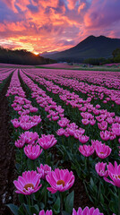 Obraz premium Vibrant pink tulip field stretches to majestic mountains under a breathtaking sunset sky showcasing nature's vibrant beauty in a picturesque landscape.