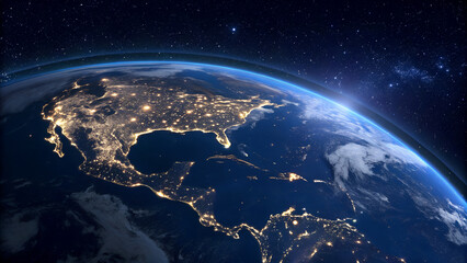Stunning Night View of North America from Space Showing City Lights, Earth&rsquo;s Horizon, and the Glow of the Atmosphere &ndash; High Resolution Satellite Image of Urban Connectivity Across the Continent