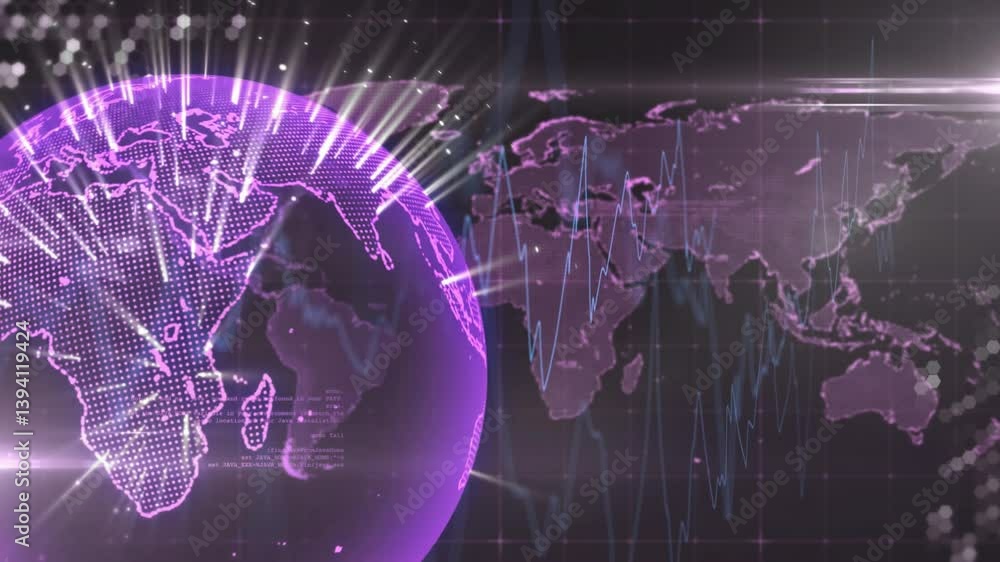 Aufkleber animation of glowing purple globe with digital data lines over world map