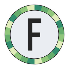 GRADIENT GREEN AND CREAM CIRCLE WITH PROMINENT OLIVE GREEN CAPITAL LETTER “F” IN THE CENTER ON A DARK BLACK BACKGROUND, enclosed in a black frame.