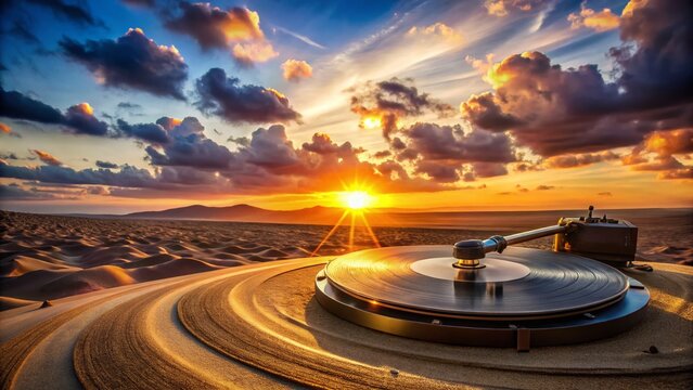 Golden Hour Desert Soundscape A Stunning Landscape Transformed by a Turntables Rhythmic Scratches