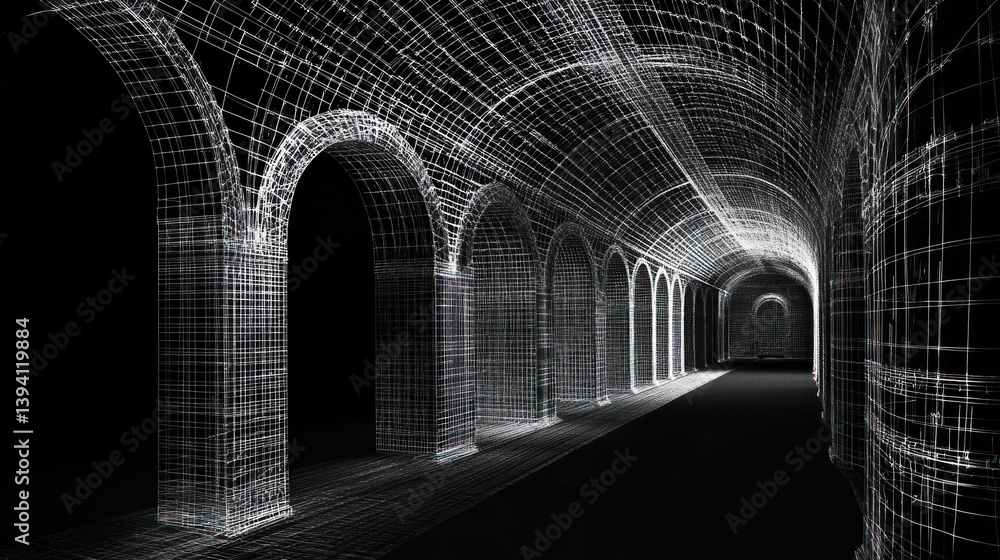 Poster wireframe rendering of arched hallway, digital architecture