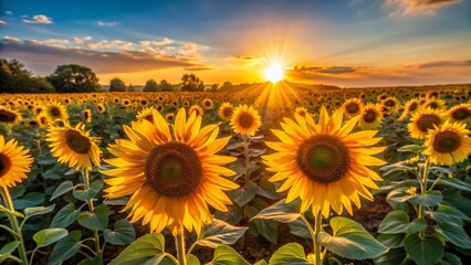Fototapeta premium Golden Hour Embrace Tiny Sunflowers Bathed in a Vibrant Sunset Glow