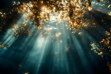 Naklejka premium Sunlight beams through kelp forest underwater, illuminating the deep sea.