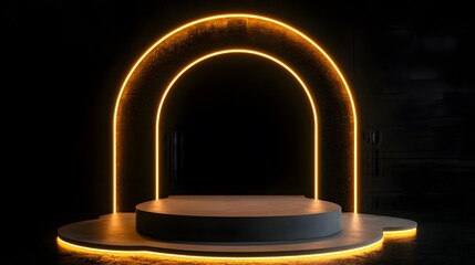 A modern stage platform with an illuminated arch in darkness