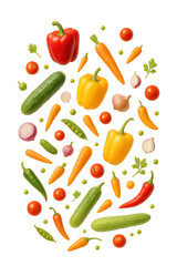 Freigestelltes fliegendes buntes Gemüse auf transparentem Hintergrund, Isolated flying colorful vegetables on transparent background