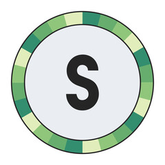 GRADIENT GREEN AND CREAM CIRCLE WITH PROMINENT OLIVE GREEN lowercase LETTER “S” IN THE CENTER ON A DARK BLACK BACKGROUND, enclosed in a black frame.