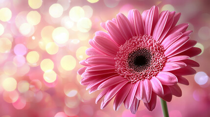 A single pink gerbera daisy blooms vibrantly against a soft bokeh background of warm yellow and pink lights creating a beautiful and delicate floral image perfect for greeting