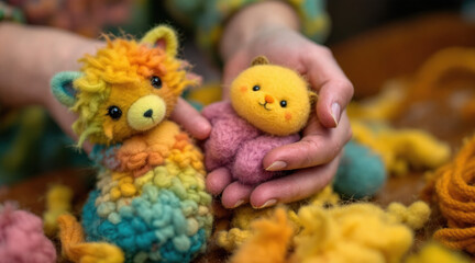 Close up Hand crafting handmade. Colorful plush toys held by hands in a cozy setting.