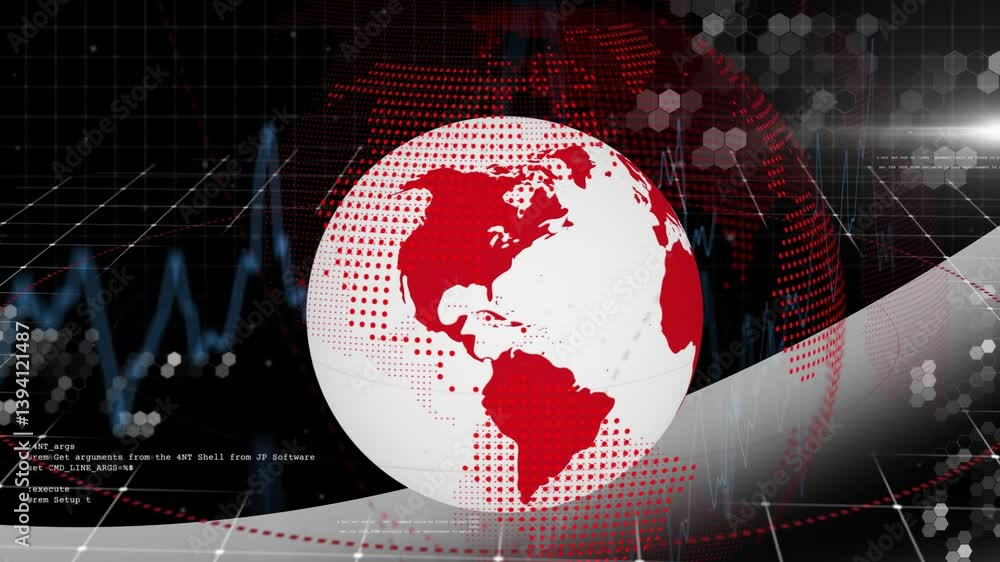 Poster digital data overlay and hexagonal patterns on red and white globe animation