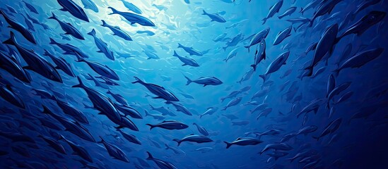 School of Fish Swimming Together in Deep Blue Ocean Waters