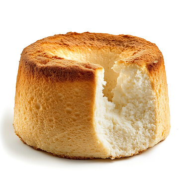 Naklejki Light and fluffy angel food cake with a pale golden crust airy and spongy interior, isolated white background, hyperrealism art style