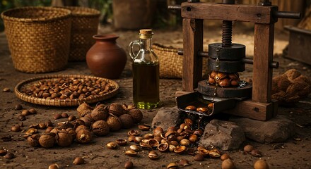 Traditional Oil Extraction Process Nuts Being Pressed in Wooden Equipment with Bottles