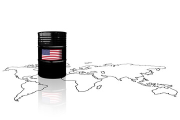Crude oil barrel on a world map background with USA flag. Crude oil prices. Tariffs, dutys, taxes...