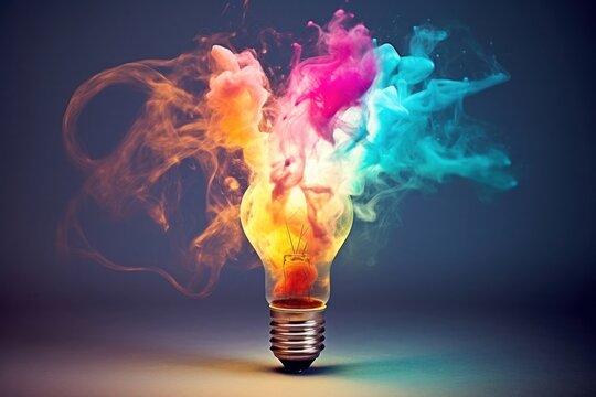 Light bulb with Colored powder explosion lightbulb innovation creativity.