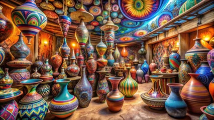 Fototapeten Whimsical AfricanInspired HandPainted Vases A Surreal Shop Showcase © Sirinporn