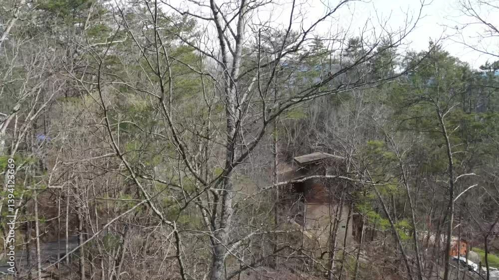 Aufkleber drone rising up out of the woods deep in pigeon forge with a view of the mountains.