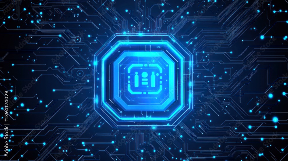 Poster digital circuit board with glowing data security icon