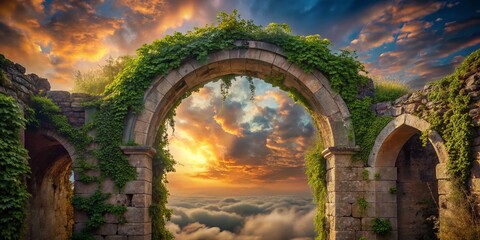 Mystical Urban Archway Piercing a Cloudy Sky A Surreal Exploration of an Unseen Cityscape Captured in stunning detail