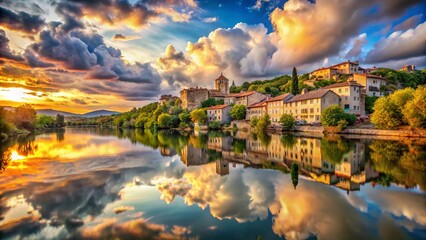 Fototapeta premium A Dreamlike French Village Reflected in a Surreal River Cloudscape and Medieval Architecture A Stunning Visual Fusion
