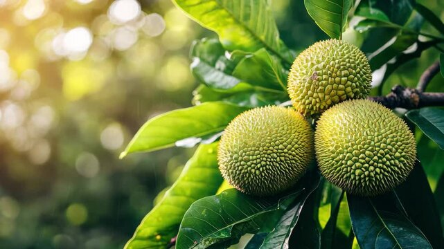 Closeup of breadfruit on tree surrounded by lush green leaves in a tropical setting, Closeup of bread fruits on tree with lush green leaves in sunlight