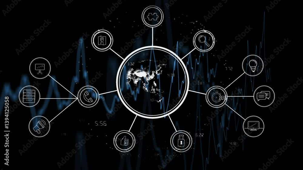 Aufkleber animation of digital icons connecting over fluctuating blue line graph background