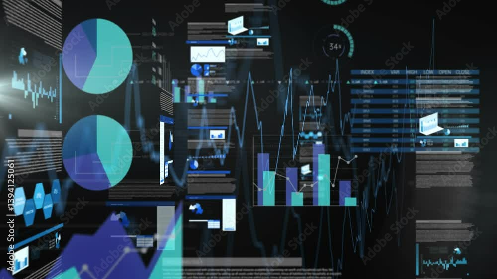 Poster data analytics and graphs animation over digital interface with charts and diagrams