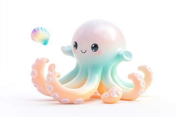 Adorable pastel-colored octopus with a iridescent shell, a cute underwater scene.