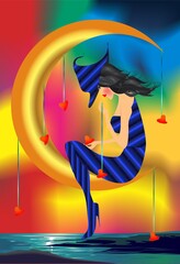 composition with woman in hat and moon