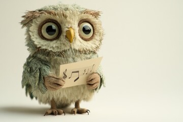 Obraz premium A cute plush owl is holding a sheet music, seeming to sing a song.