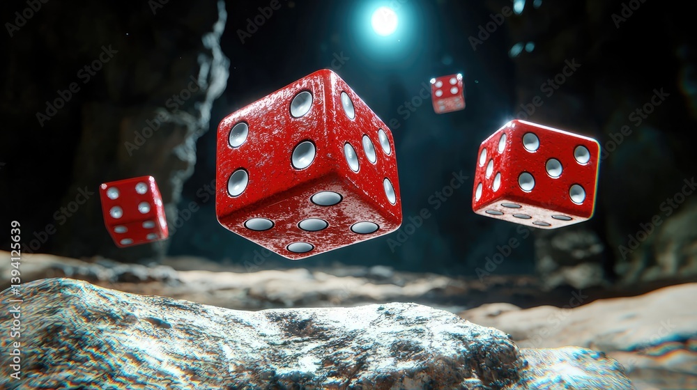 Poster a close-up of floating red dice with intense lighting, symbolizing luck and uncertainty.