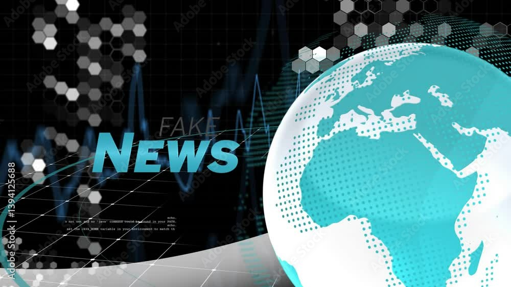 Poster digital globe with hexagonal patterns showing animation of fake news text