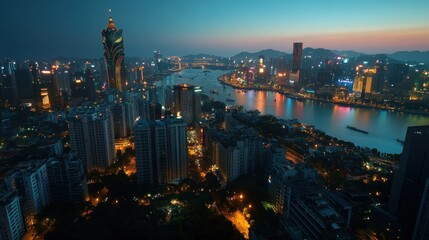 Obraz premium Skyline cityscape at dawn over river