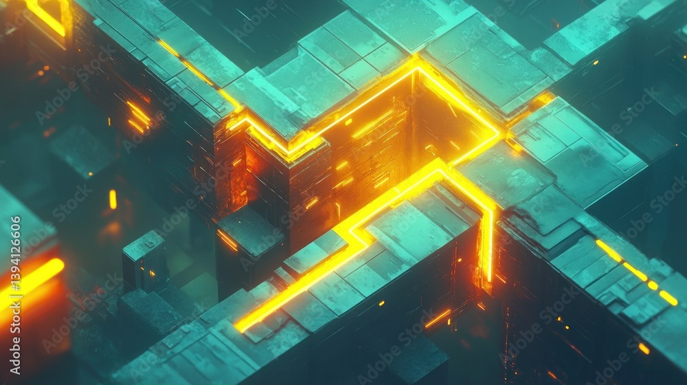 Poster glowing pathways in abstract digital structure