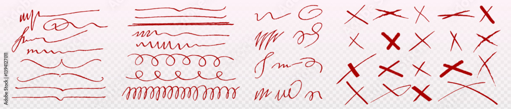 Poster handdrawn highlight lines and cross marks set - various sketchy red doodle strokes, underlines and s