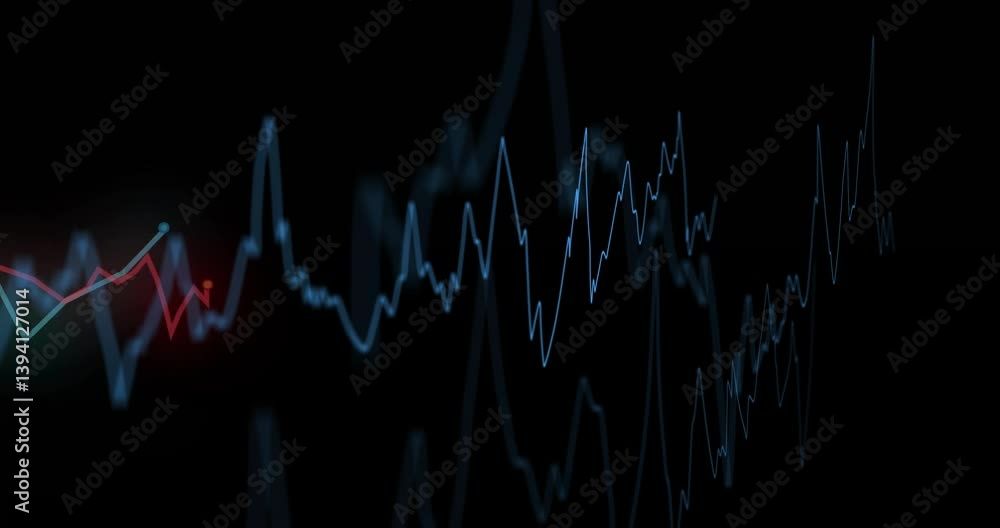 Poster fluctuating line graph in animation, representing data analysis on black background