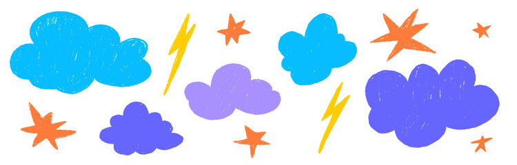 Crayon cloud texture with sky, star and lightning. Crayon kid scribble naive design. Blue cloud, yellow lightning and orange star with chalk texture. Vector illustration