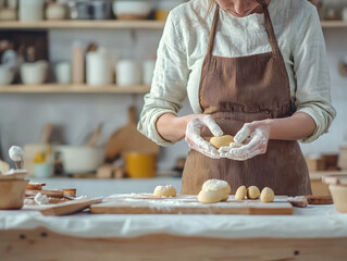 A woman in a brown apron carefully shapes pieces of dough dusted with flour on a wooden table in her home kitchen while prepa pastries.