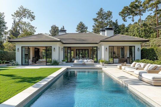 Beautiful single-story modern farmhouse home in La Jolla, San Diego, with white walls, shingle roof, green lawn, and pool area on a sunny day.