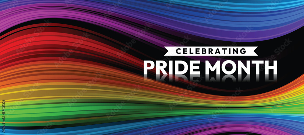 Poster celebrating pride month text on abstract rainbow pride curve wave motion light texture on black back